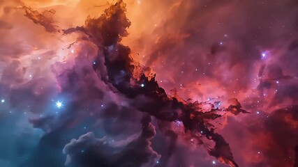 Vivid cosmic nebula blooms with radiant orange, violet swirls, luminous stars, and wispy stardust!!! - Powered by Adobe