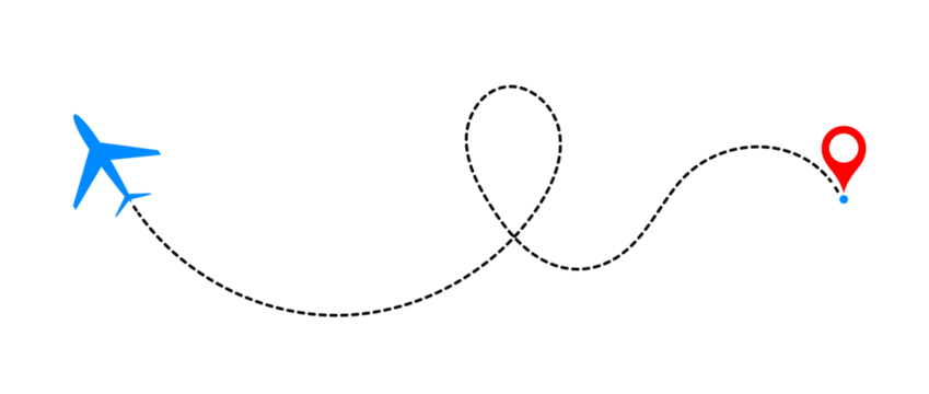 Airplane flying from a location point, dashed line path. A minimalist, conceptual illustration. 