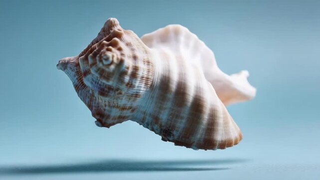 A conch seashell floating in the air against a blue background.