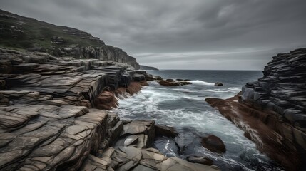 Rugged seaside cliffs and rocky coast under brooding overcast sky creating atmospheric marine landscape full of drama and natural texture sunset on the coast