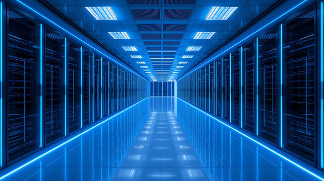 Futuristic Server Room with Blue Neon Lights and Data Storage Systems a Modern Network Infrastructure - Powered by Adobe
