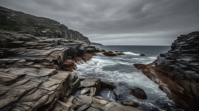 Rugged seaside cliffs and rocky coast under brooding overcast sky creating atmospheric marine landscape full of drama and natural texture sunset on the coast