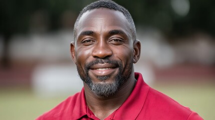 A joyful coach stands near the sports field, radiating positivity and enthusiasm as he engages with young athletes under the warm afternoon sun, fostering teamwork and motivation