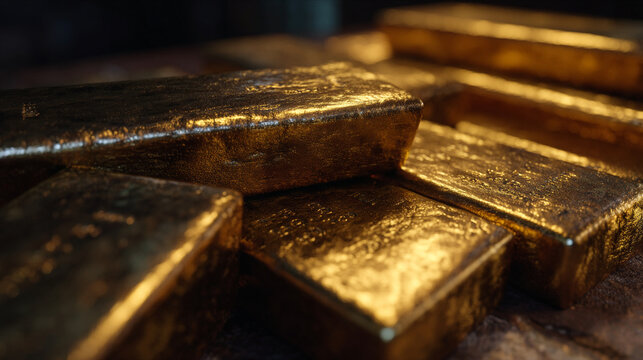 A close up shot of several gold bars stacked on top of each other in a dark setting