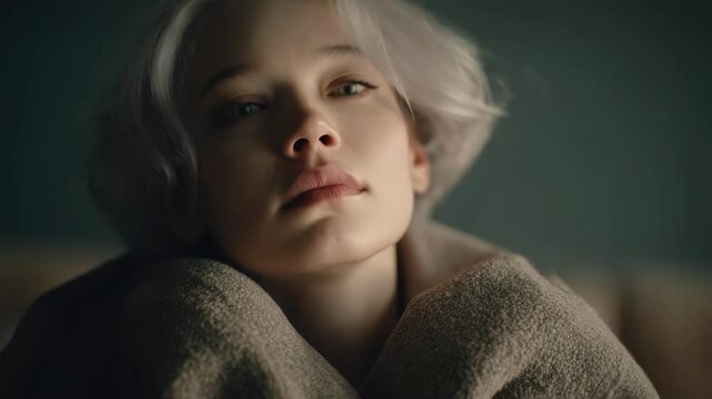 Close-up of a pale blonde woman wrapped in a chunky beige blanket, eyes half-closed, conveying sleepiness and cozy melancholy.