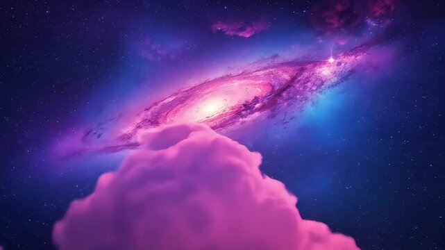 Vivid galactic spiral glows above magenta clouds, stars speckle a deep blue cosmos in dusky night!!!