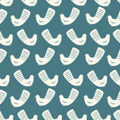 Hand drawn white dove on turquoise background, seamless pattern with monochrome birds.