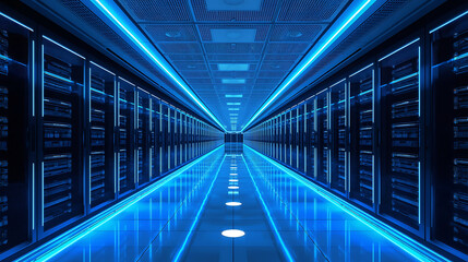 Modern data center server room interior with glowing blue lights and futuristic design