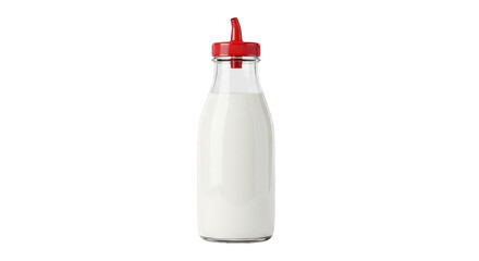 Clear bottle of creamy white milk with red cap isolated on transparent background