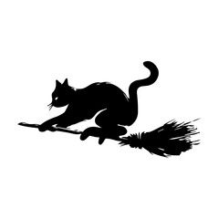 Obraz premium Black silhouette of a cat riding on a broom against a for Halloween and magical themes