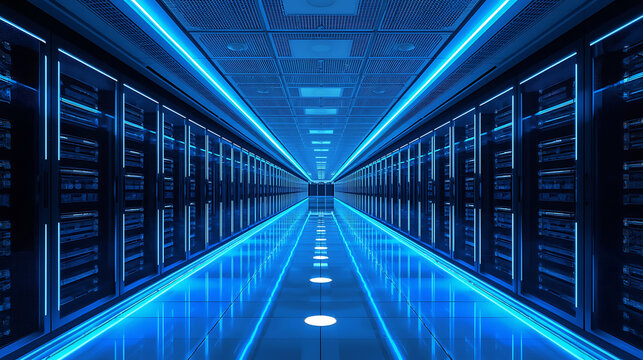 Modern data center server room interior with glowing blue lights and futuristic design