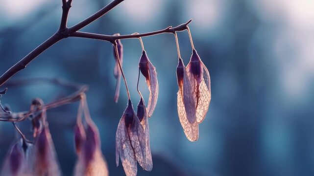 Dried winged seeds (samaras) hanging from a twig against a blurred background.