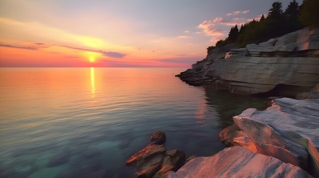 Rugged seaside cliffs meeting serene ocean at golden hour with vibrant sunset reflection and crisp horizon over tranquil sea sunset over the sea