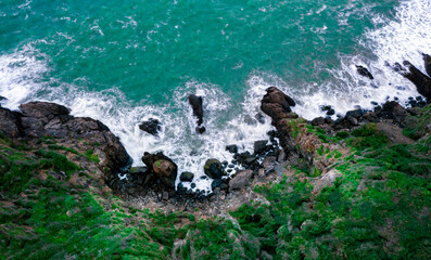 Vietnam Coastal Landscape, Ocean View in Vietnam, Waves Crashing on Mossy Rocks, Smooth Long Exposure Sea Waves, White Waves Hitting Rocky Shore, Vietnam Coastal Road
