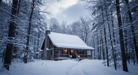 A cozy log cabin, its window glowing with warmth, sits covered in snow within a quiet, wintry forest.