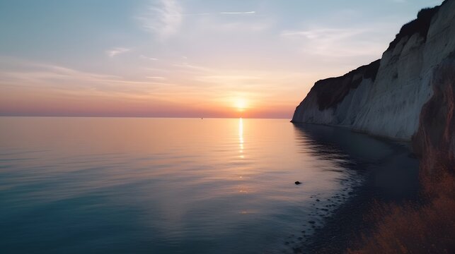 Dramatic coastal landscape of rocky cliff and calm sea reflecting vivid sunset light beneath soft sky at dusk sunset over the sea