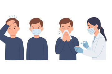 Fototapeta premium Stages of illness management showing symptoms, mask wearing prevention, and medical vaccination treatment