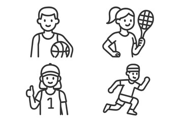 Fototapeta premium Outline style avatars of athletes playing running, tennis, and basketball