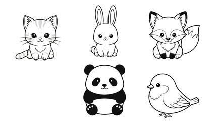 Fototapeta premium Adorable animal illustrations for children’s books, captivating cat, bunny, fox, panda, and bird in charming outline style, perfect for coloring fun