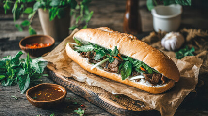 Vietnamese Banh Mi sandwich with fresh herbs and grilled meat, traditional street food on a rustic board