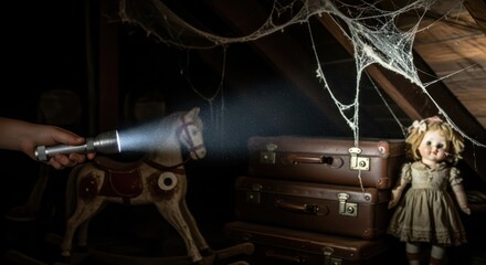 Dusty attic exploration with vintage toy horse, old suitcases and a porcelain doll under the dim