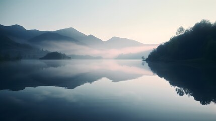 Serene misty morning over a calm mountainous lake with pastel sky reflecting soft dawn light and tranquil water morning mist over lake