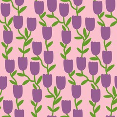 Seamless Tulip Floral Pattern with Hand-Drawn Stems and Leaves