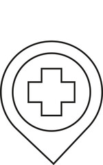 Outline icon of a location pin with a medical cross inside a circle, indicating a hospital or healthcare facility on a map.