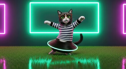 A playful feline in futuristic attire, gracefully dances amidst vibrant neon lights creating an