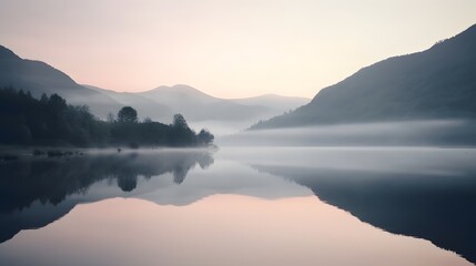 Misty lake at sunrise surrounded by quiet mountain silhouettes under pastel dawn sky creating peaceful alpine reflection panorama sunrise over the lake
