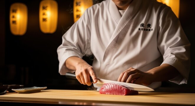 Culinary artistry: Sushi chef meticulously slicing fresh tuna for exquisite preparation