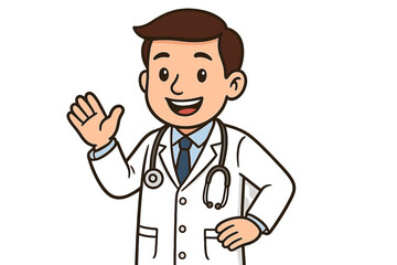 Fototapeta premium Cheerful male doctor wearing a lab coat and stethoscope waving hand in greeting