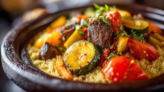 Moroccan lamb couscous with vegetables in a traditional tagine, an authentic North African dish