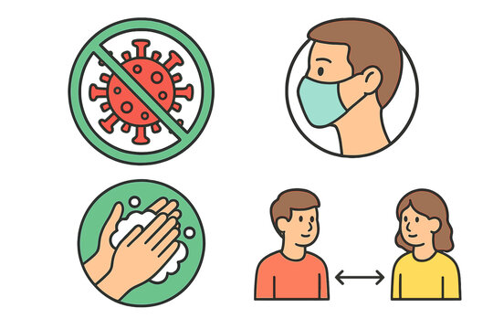 Set of public health safety symbols for hand washing, face mask, and social distancing
