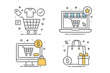 Digital commerce and retail concepts featuring shopping carts, computers, bags, and gifts