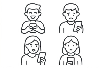 Men and women using mobile phones displaying happy sad surprised and neutral emotions