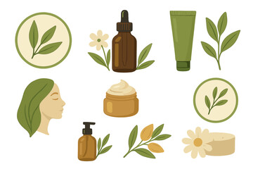 Set of natural organic cosmetic products and herbal ingredients for beauty and skincare