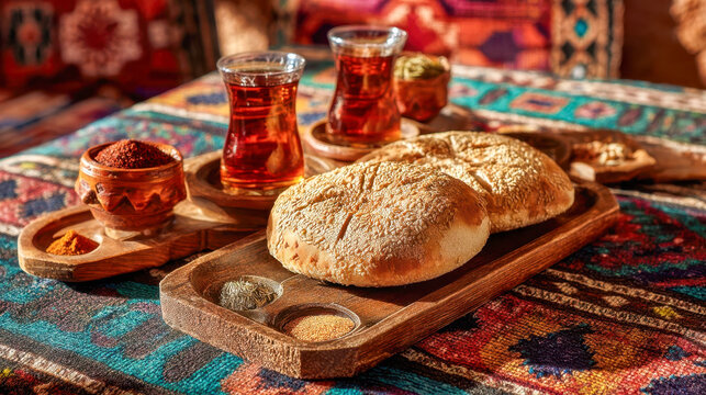 Traditional Khobz bread with Moroccan spices and mint tea on a colorful Berber tablecloth