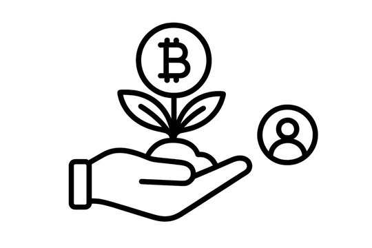 Hand nurturing a growing plant with a digital currency symbol representing financial investment