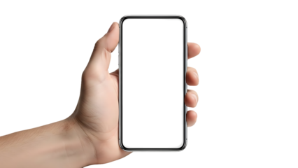Human hand, holding a modern smartphone with a blank white screen, cutout, PNG isolated on a transparent background, AI