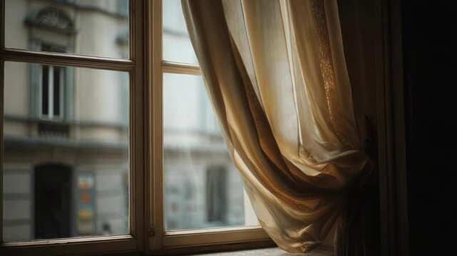 Sunlight streams through a sheer curtain by a window, with a blurred city street visible outside.