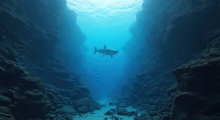 Solitary shark navigates a submerged canyon bathed in ethereal azure light creating an atmosphere