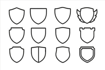 Set of twelve outline shield symbols representing security, defense, safety, and protection