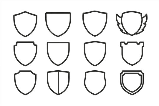 Set of twelve outline shield symbols representing security, defense, safety, and protection