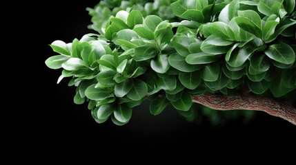 Lush tree branch with vibrant green leaves, natural texture, isolated on black background, fresh and peaceful mood