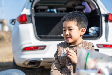 A young boy is enjoying a picnic beside a car in an outdoor setting, holding food and looking happy.