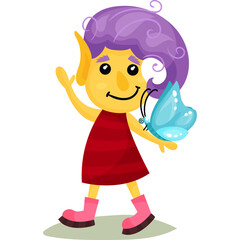 Whimsical Cartoon Character With Purple Hair And Yellow Skin Wearing A Red Dress And Pink Boots Holding A Blue Butterfly With Transparent Background