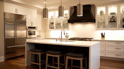 Modern kitchen interior with elegant design. Sleek appliances and spacious island create inviting atmosphere. Ideal for home improvement and culinary inspiration.