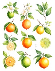 Watercolor illustrations of various citrus fruits and foliage