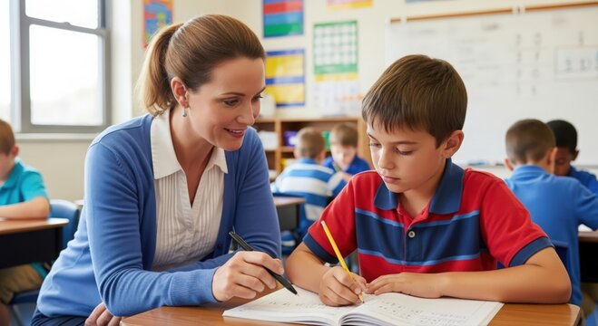 Supportive Teacher Guiding Student with Learning Challenges During Classroom Activity